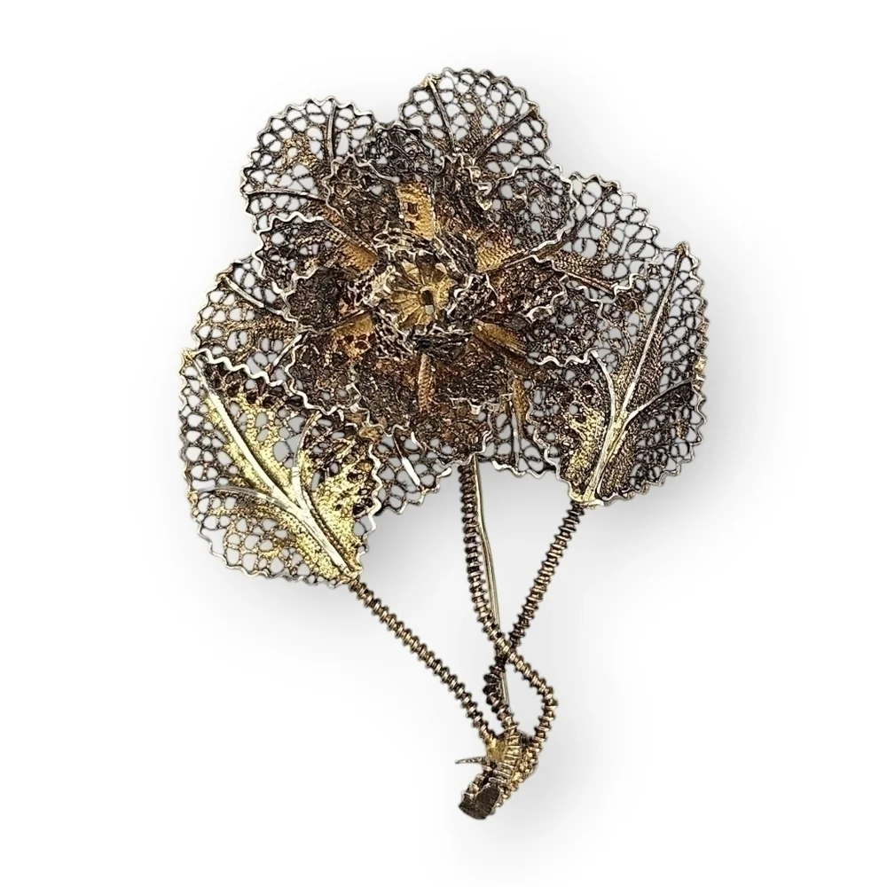 Sterling Filigree Flower Brooch Spun Silver 925 Vermeil Vintage Portugal 2.25